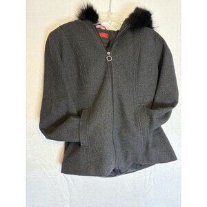 Anne Klein Charcoal 100% Wool PM Winter Jacket/Coat Black Faux Fur Hood Full Zip